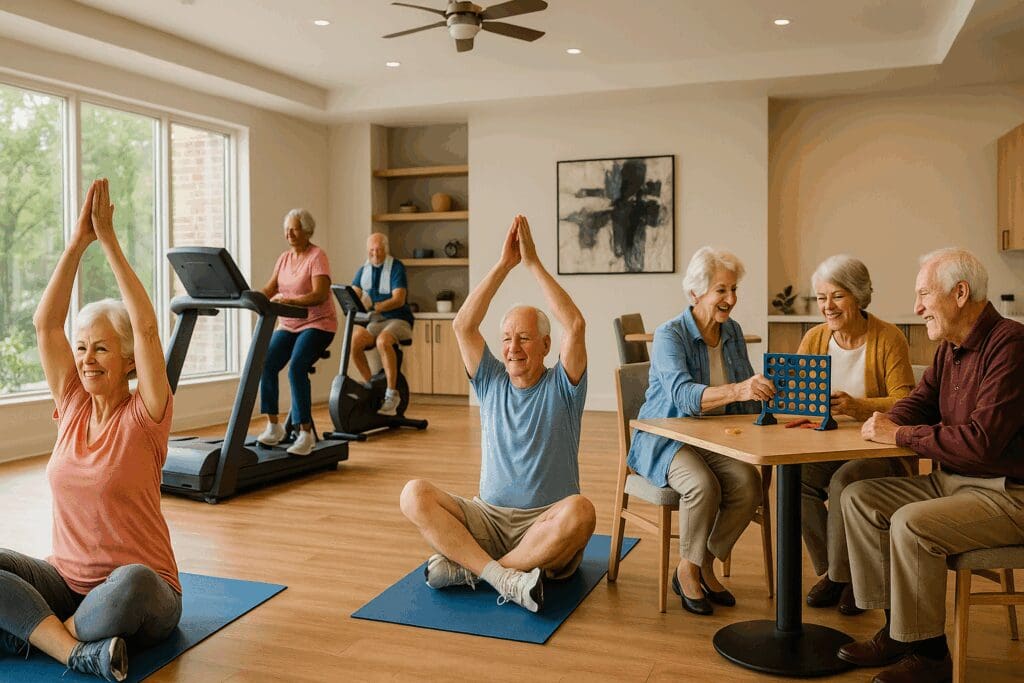 Seniors enjoying yoga, exercise bikes, and social games in a bright community room at 55 and over apartments for rent

