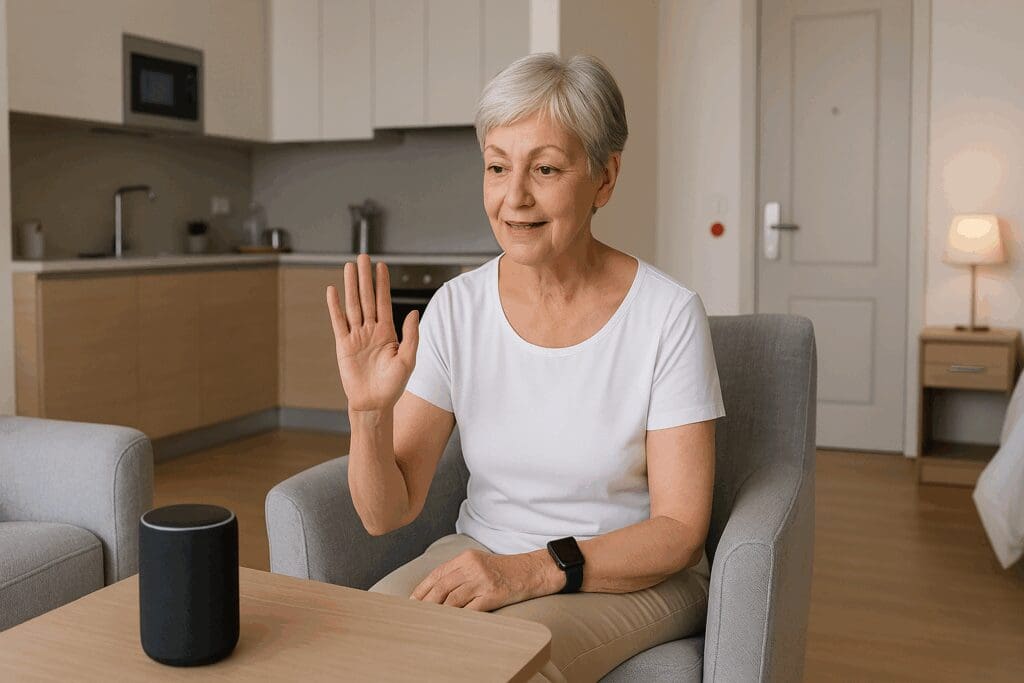 Senior woman using a smart speaker and wearable health monitor in a modern living room at 55 and over apartments for rent