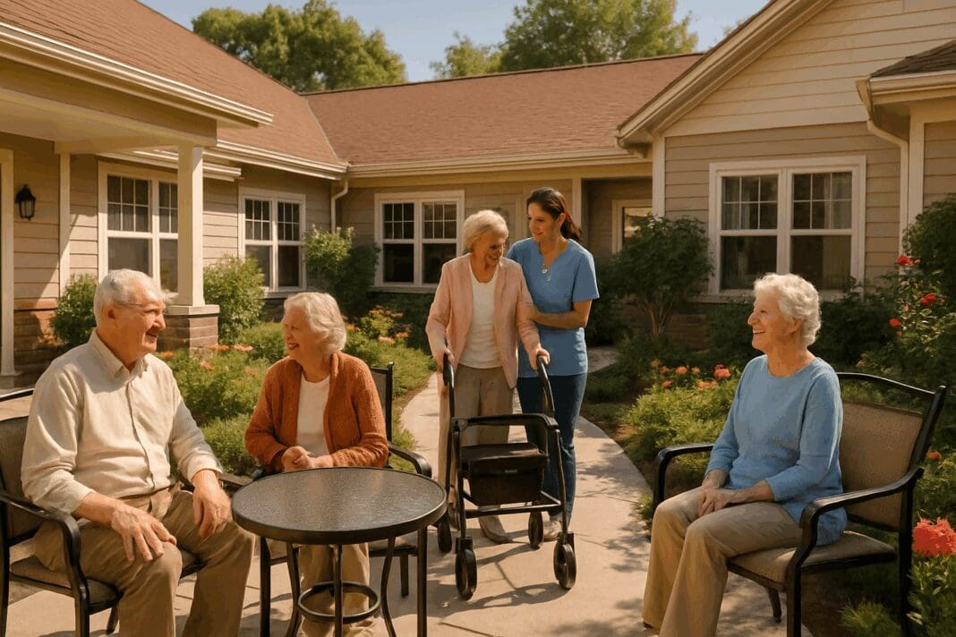 Seniors enjoying conversation and garden views in a sunny residential assisted living courtyard with caregiver support
