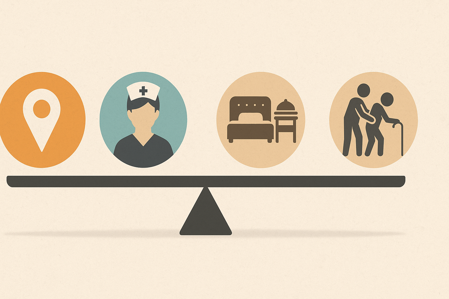 Conceptual infographic illustrating key cost drivers affecting how much is memory care in 2025, with icons for location, staffing, amenities, and care level balanced on a scale.
