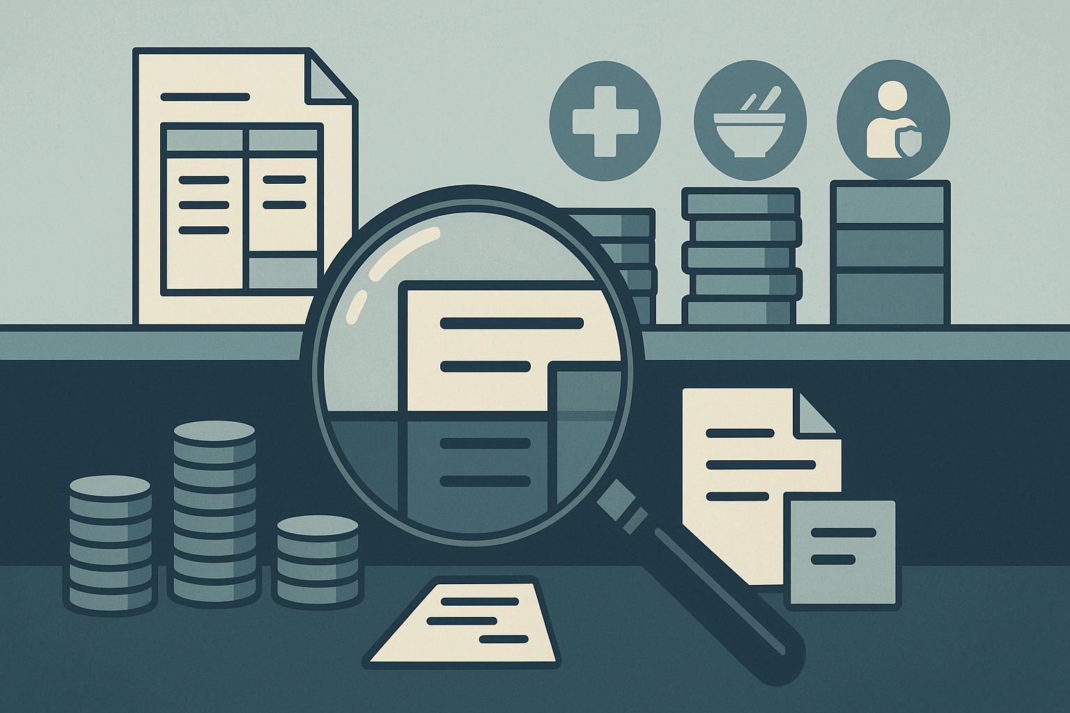 Conceptual illustration exploring how much is memory care in 2025, with a magnifying glass revealing hidden fees beneath layered service pricing and coin stacks