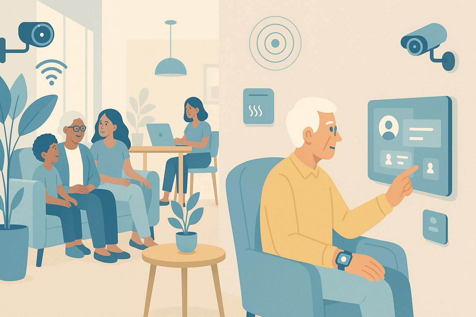 Smart senior living home showing intergenerational family, AI tech, and digital monitoring—visualizing how much is memory care in 2025