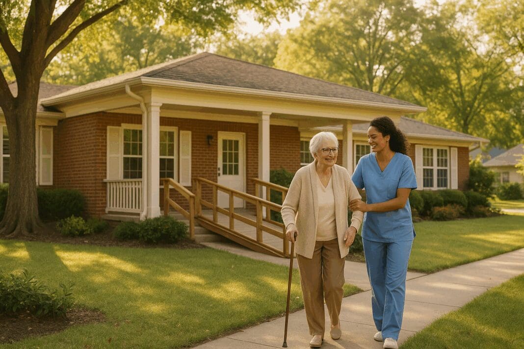 Smiling caregiver assisting an elderly woman outside one of the residential homes for elderly care in a peaceful suburban neighborhood.