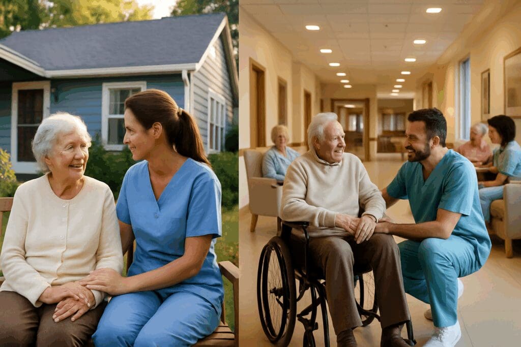 Side-by-side view of residential homes for elderly care, showing a small garden-based adult family home and a larger facility with staff and shared spaces.