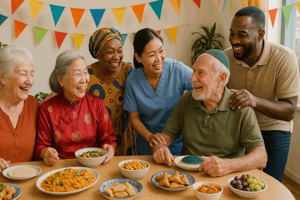 Side-by-side view of residential homes for elderly care, showing a small garden-based adult family home and a larger facility with staff and shared spaces.