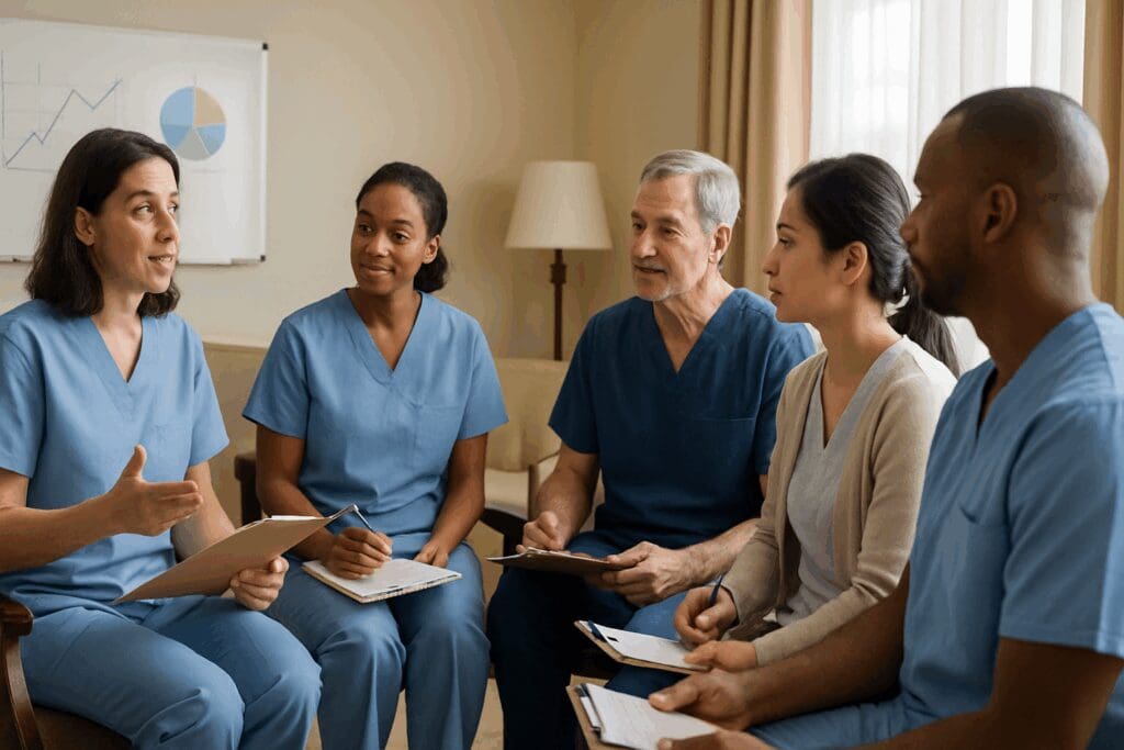 Caregivers from diverse backgrounds in a training session at a senior facility, highlighting teamwork in residential homes for elderly care.
