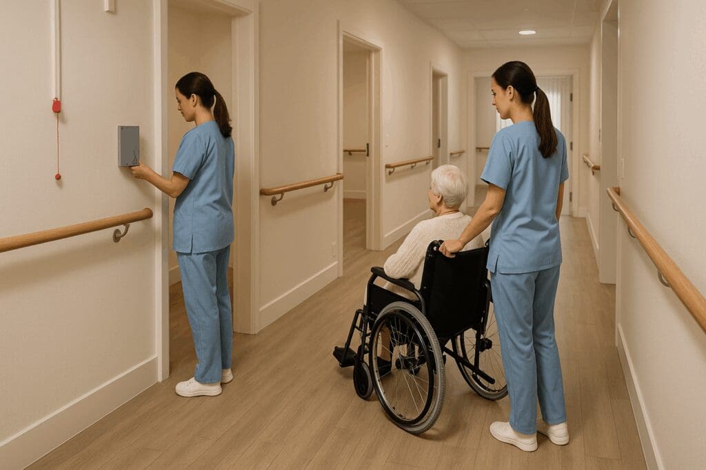 Caregiver assisting a resident in a wheelchair inside one of the residential homes for elderly care, with grab bars, wide hallways, and safety equipment visible.