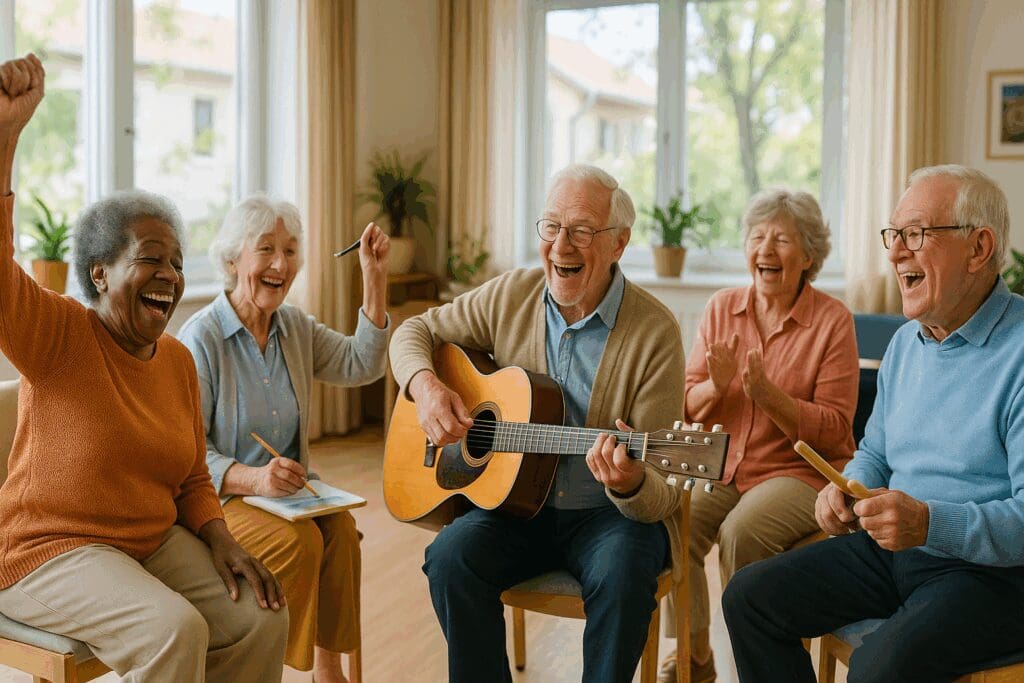 Elderly residents enjoying a group music session in a bright community room at residential homes for elderly care