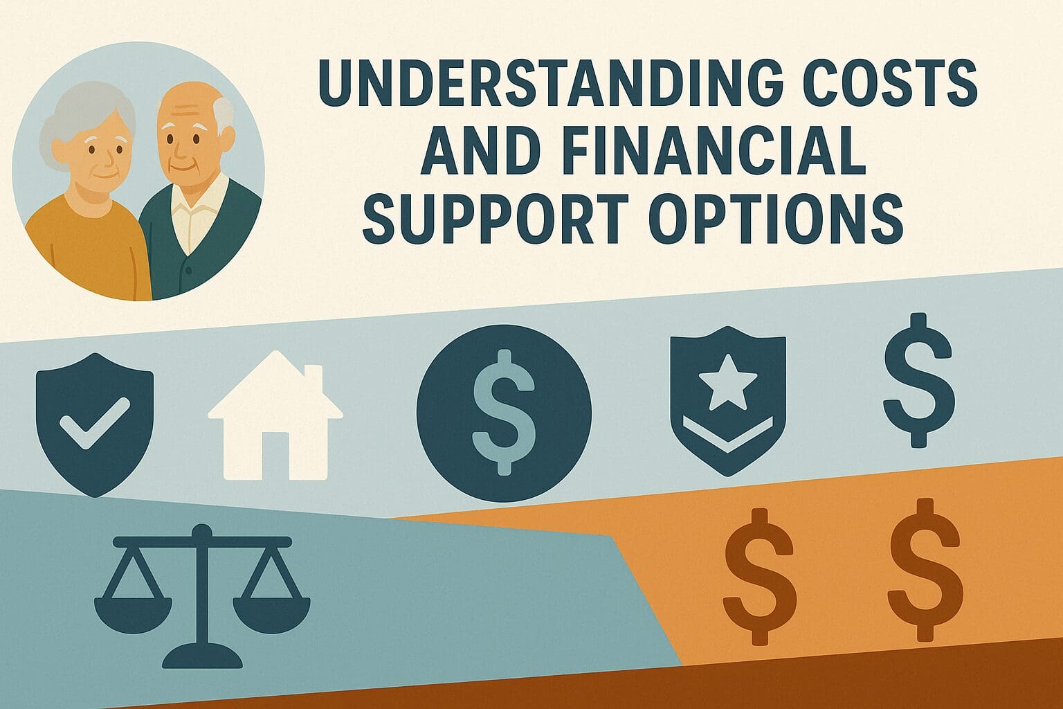 Visual infographic using icons and color-coded tiers to depict financial support options for residential homes for elderly care, including Medicaid, veterans benefits, and private pay.