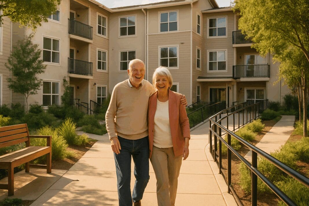 Senior couple walking toward a modern apartment complex with ramps and benches, representing community living and cheap rent for seniors