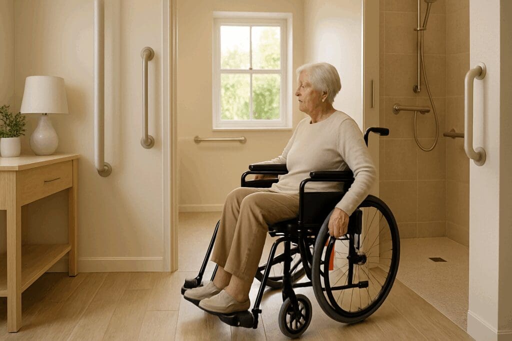 Senior woman in a wheelchair comfortably navigating an accessible home with grab bars and non-slip floors, illustrating cheap rent for seniors.