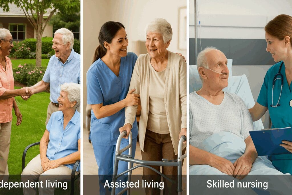 Comparison of senior housing options for cheap rent for seniors: independent living with active residents, assisted living with caregiver help, and skilled nursing care in a clinical setting