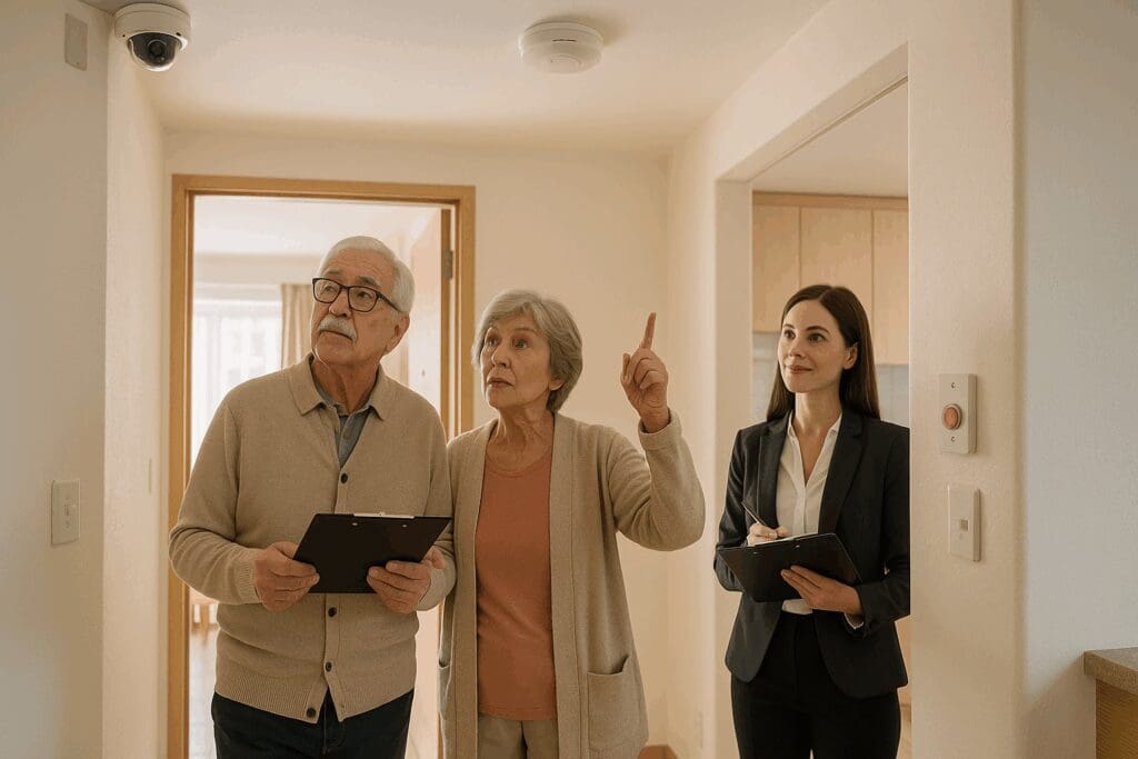 Senior couple touring an apartment with a housing agent, inspecting safety features like smoke detectors and emergency buttons—ideal for cheap rent for seniors.