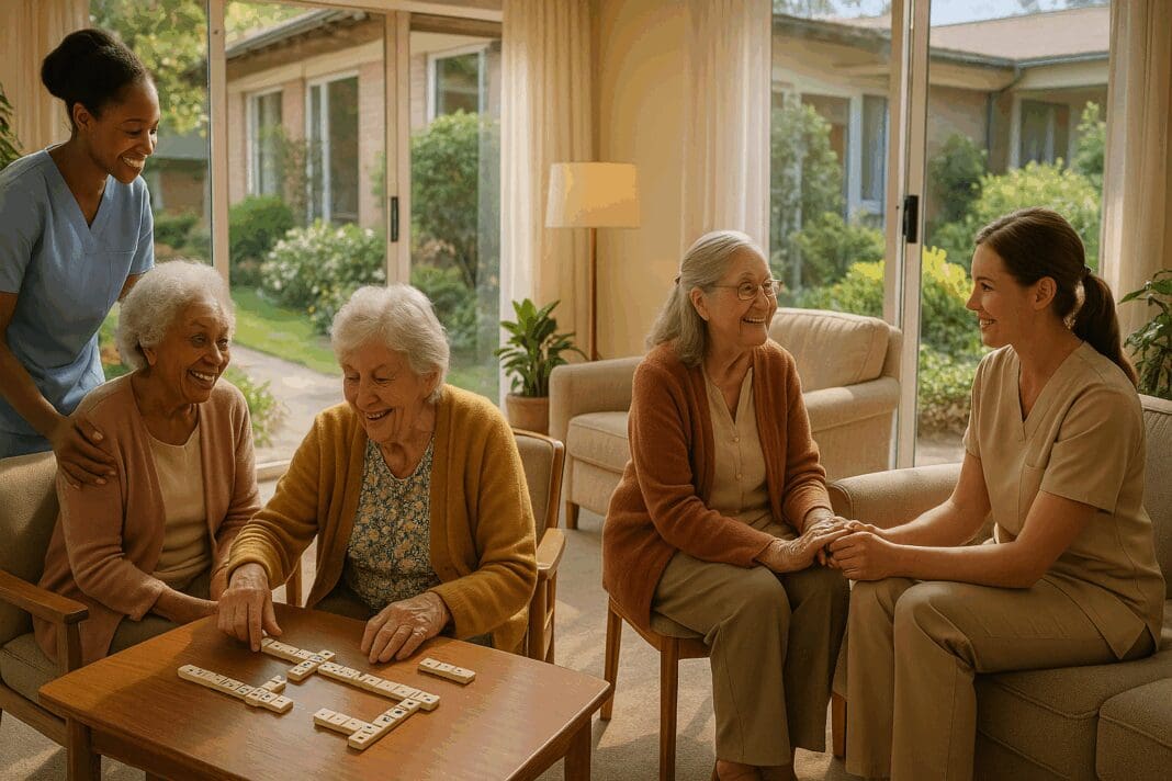 Elderly residents enjoying social activities with caregivers in a sunlit common room of one of the best rated nursing homes, with garden views and cozy furniture.