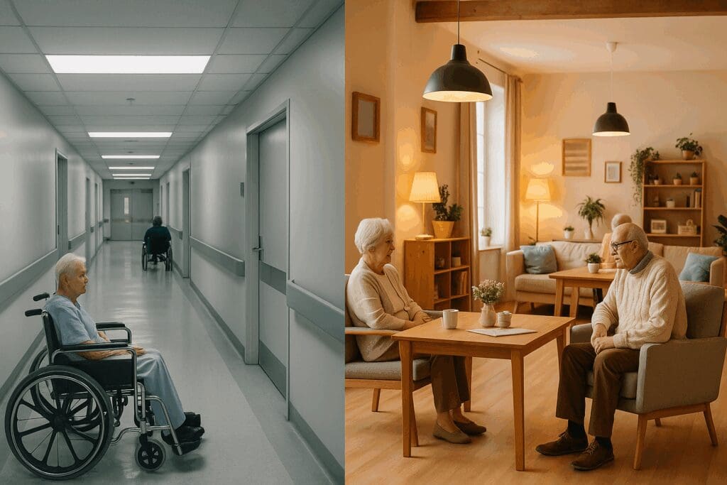 Visual comparison of a traditional clinical nursing home and a modern facility with communal spaces, highlighting environments in best rated nursing homes.

