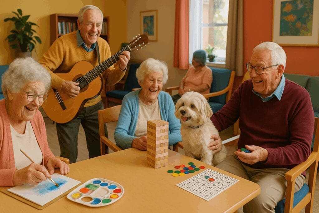 Elderly residents in one of the best rated nursing homes enjoying music, painting, pet therapy, and games in a cheerful activity room.