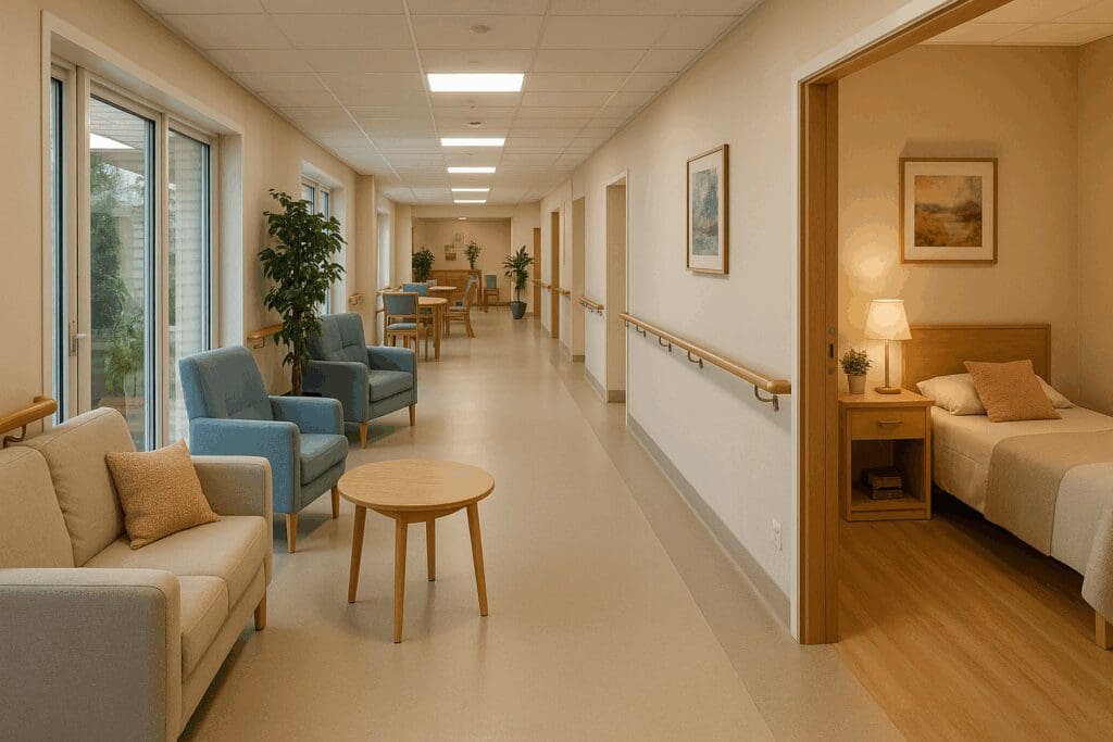 Wide hallway in one of the best rated nursing homes, featuring natural light, cozy seating, handrails, and accessible private rooms.