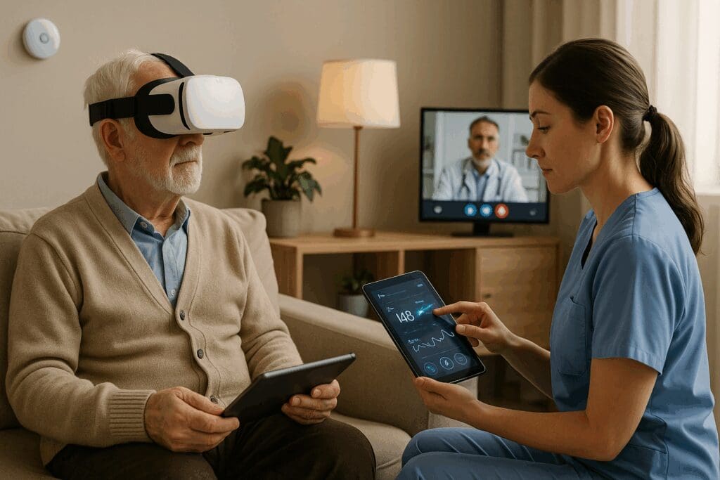 Elderly man in a VR headset using a tablet while a caregiver monitors health data, showcasing tech innovations in best rated nursing homes.








