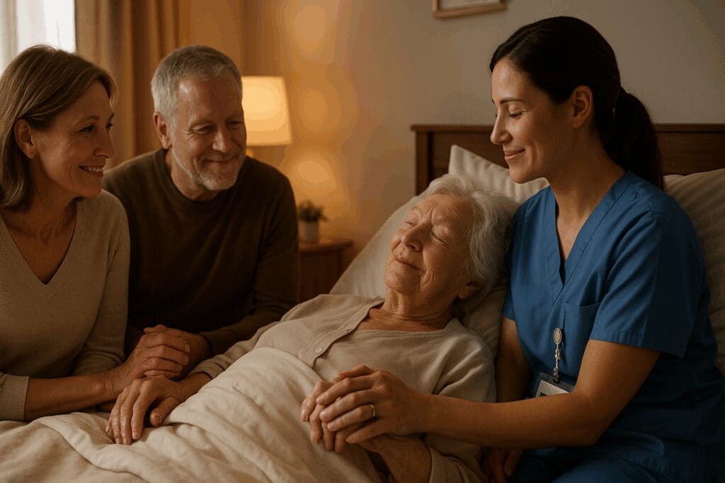 Family and hospice nurse providing compassionate end-of-life care to elderly woman in one of the best rated nursing homes.

