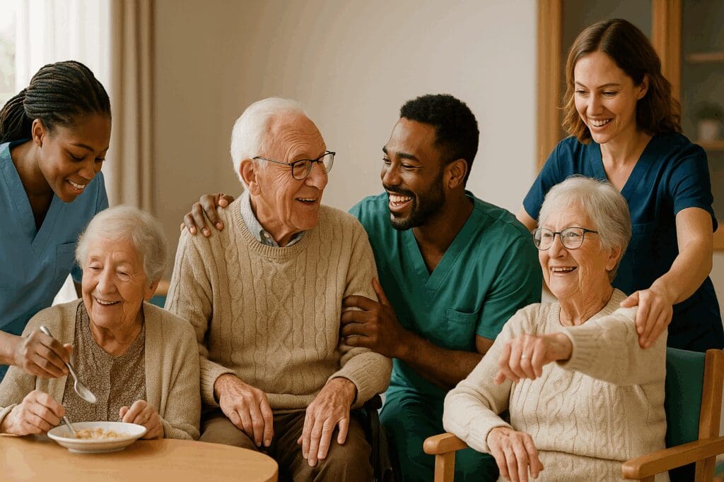 Compassionate caregivers helping elderly residents during meals and therapy in one of the best rated nursing homes.

