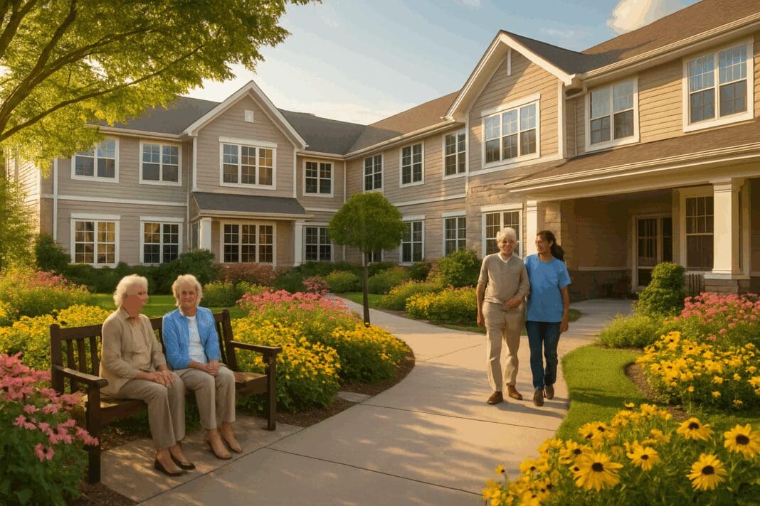 Smiling seniors and caregivers outside Brookside Assisted Living, surrounded by blooming gardens and tree-lined walking paths in late afternoon light