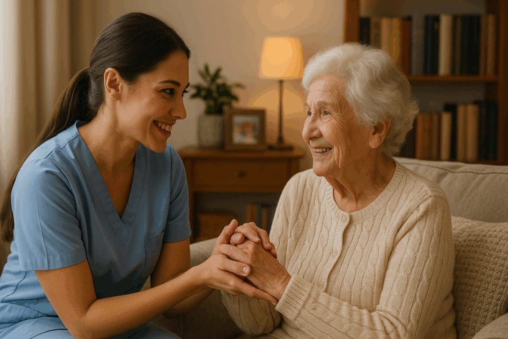 Caregiver holding hands with a smiling elderly woman in a cozy living room at Brookside Assisted Living

