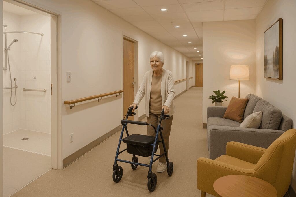 Wide hallway and cozy lounge area at Brookside Assisted Living, featuring handrails, non-slip floors, and a resident using a walker.

