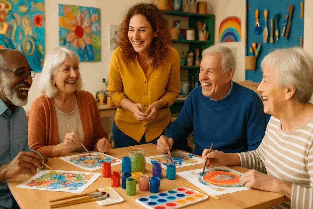 Seniors painting colorful artwork and socializing in an art class at Brookside Assisted Living with a cheerful facilitator guiding the session


