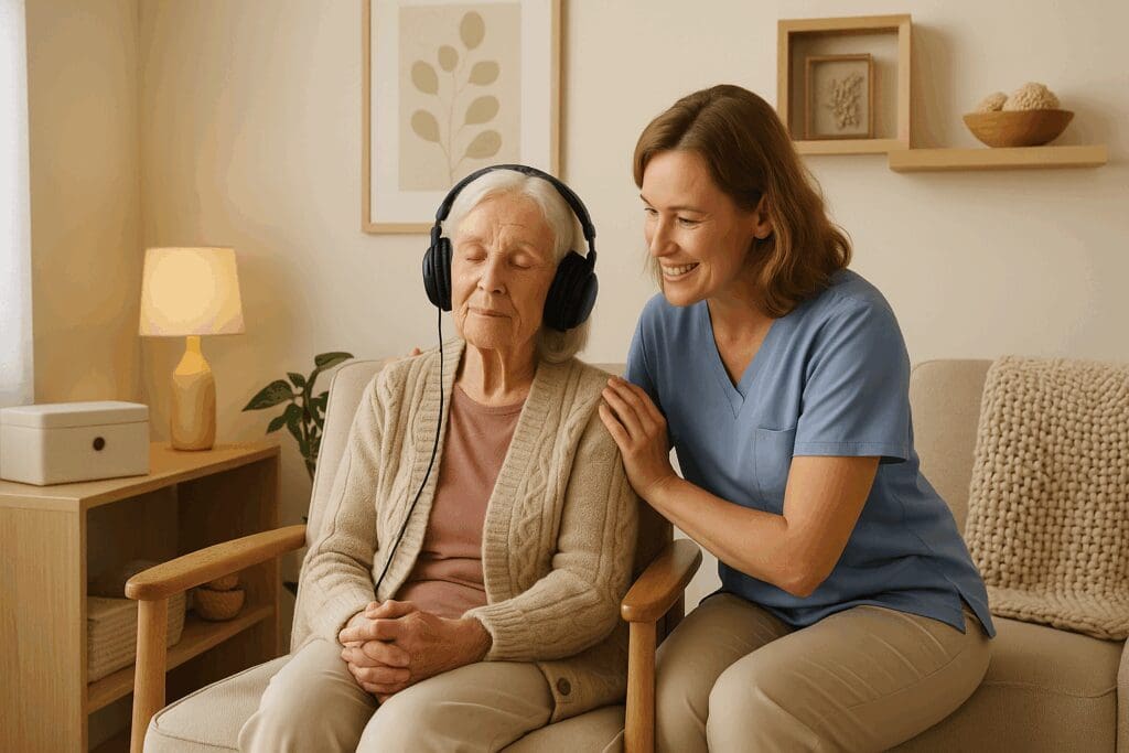 Resident at Brookside Assisted Living enjoying music therapy with headphones, supported by a smiling caregiver in a calm, memory care setting.

