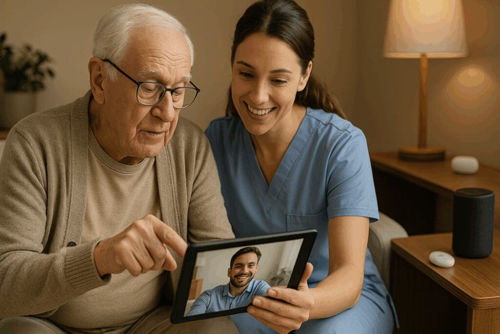 Senior resident at Brookside Assisted Living learning to video call with caregiver, surrounded by smart tech in a cozy modern room

