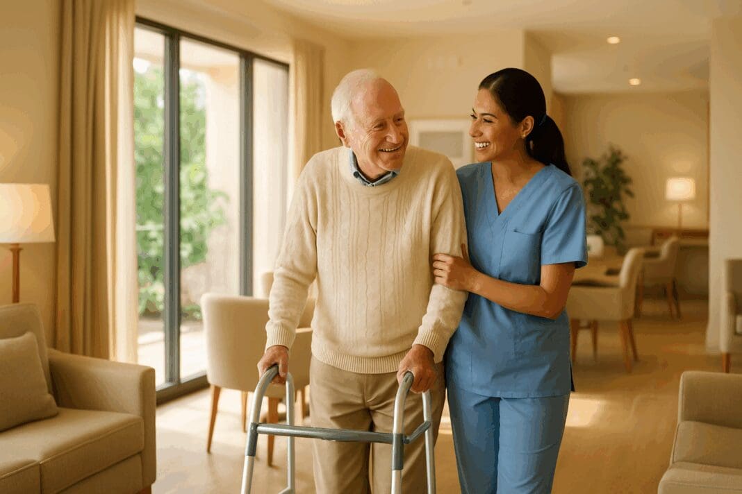 Smiling elderly man with a walker being assisted by a nurse in scrubs inside a sunlit nursing home Brookdale facility with modern, neutral-toned interiors and greenery outside.