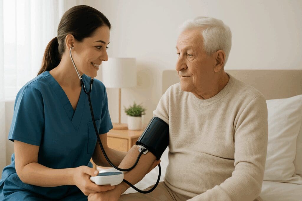 Nurse checking elderly man's blood pressure in a private care room at nursing home Brookdale, showcasing attentive skilled nursing care.