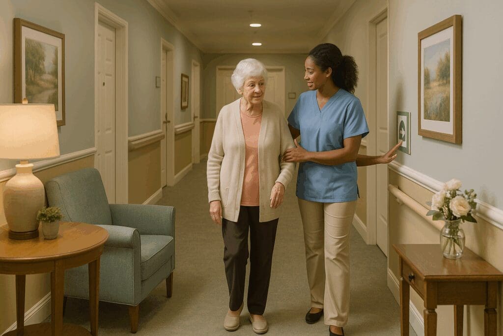 Caregiver assisting an elderly woman through a dementia-friendly hallway in a nursing home Brookdale memory care unit.