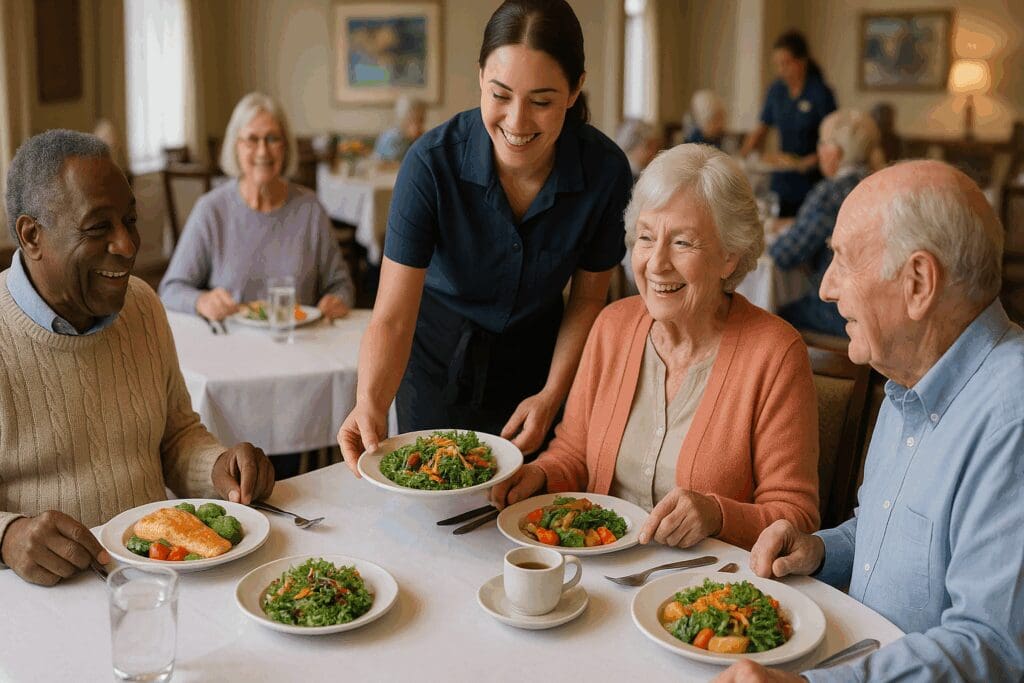 Elderly residents dining together at nursing home Brookdale, enjoying healthy meals and warm social interaction in a bright communal space