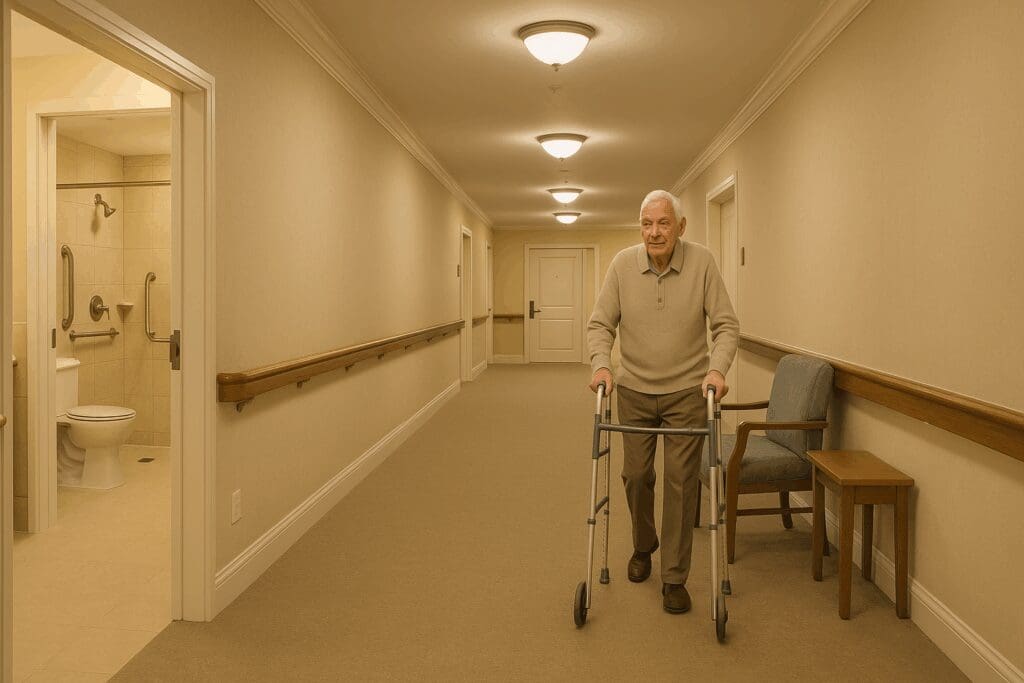 Senior man with walker navigating a well-lit, safe hallway in a nursing home Brookdale facility featuring railings and accessible rest zones.