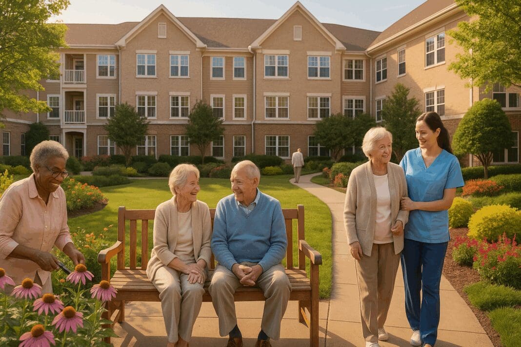 Cheerful seniors chatting, gardening, and walking with caregivers in the landscaped courtyard of Brookside Assisted Living.
