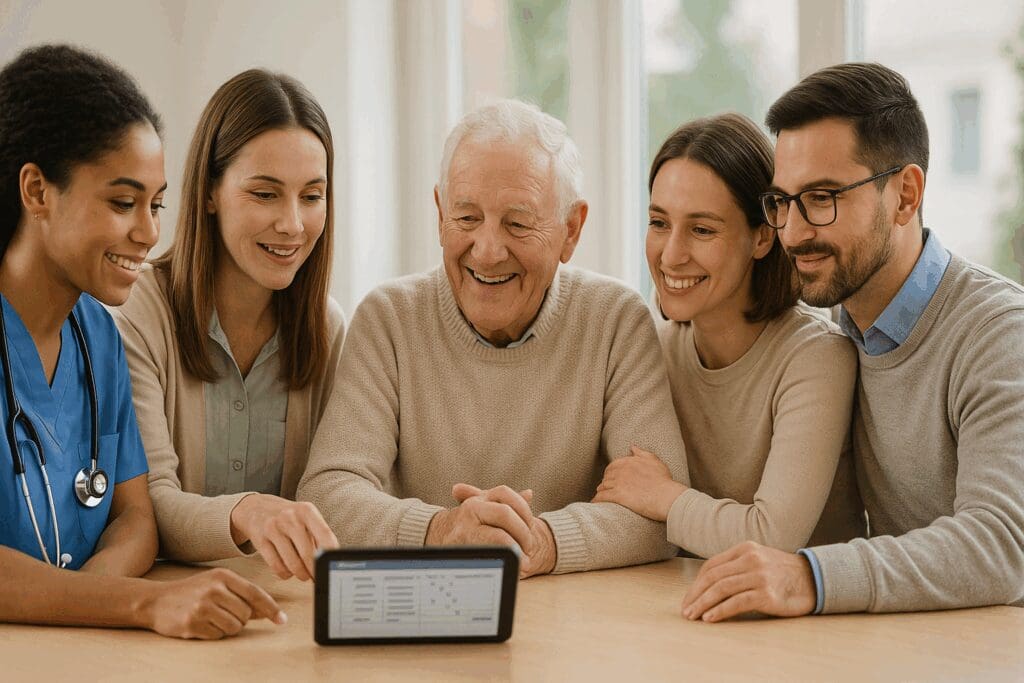 Diverse care team and family discussing a senior’s digital health plan at Brookside Assisted Living


