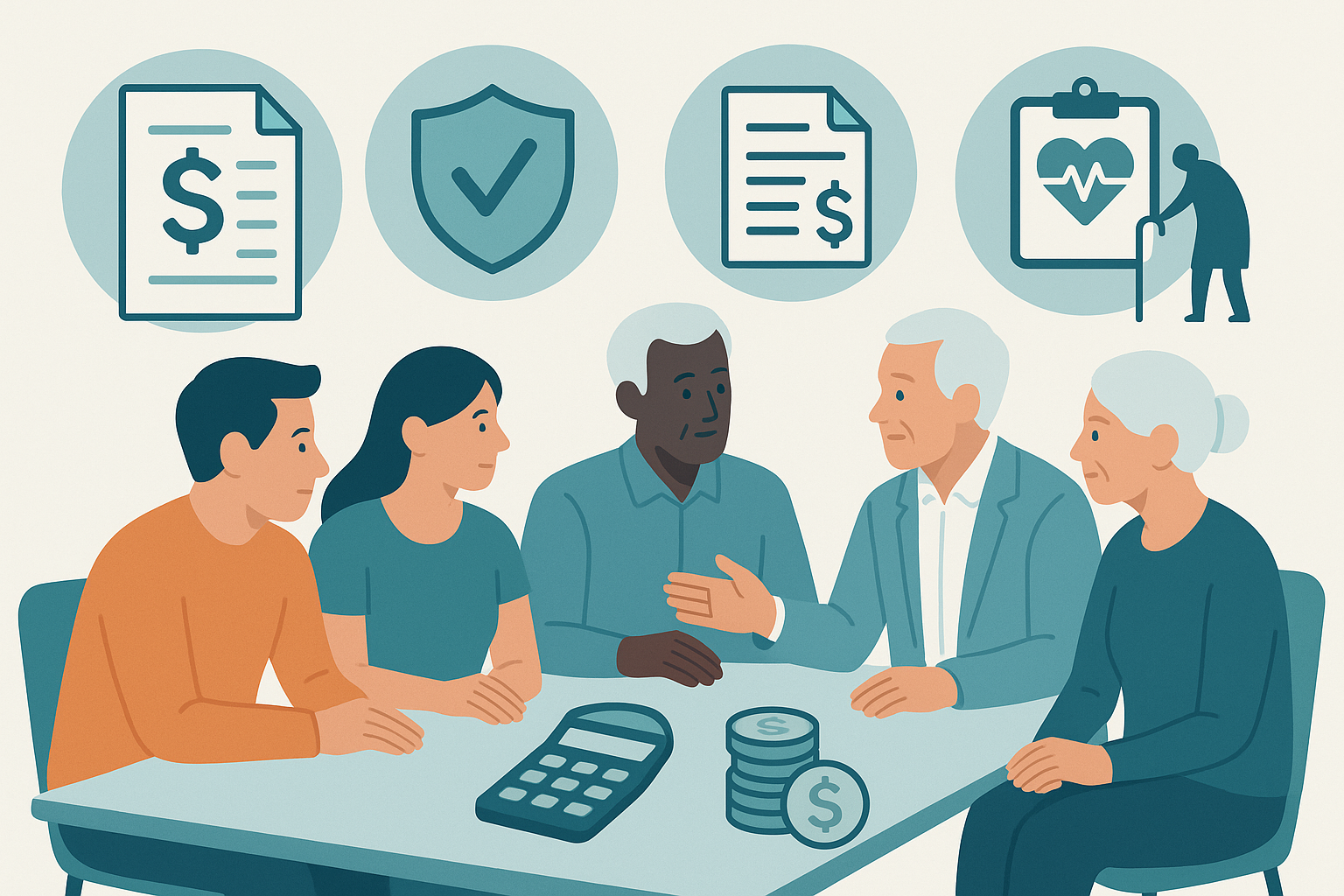 Family meeting with advisor to plan Brookside Assisted Living costs, with icons for insurance, documents, and senior care