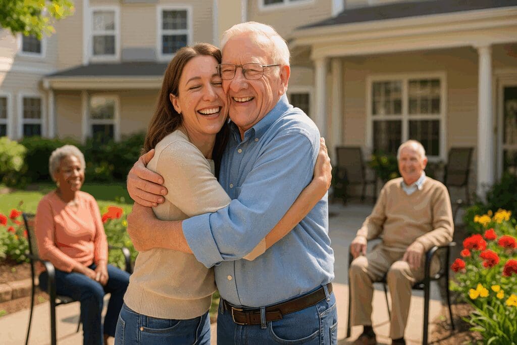 Elderly man embracing his adult daughter in a sunny courtyard at Brookside Assisted Living, with smiling residents and blooming flowers in the background