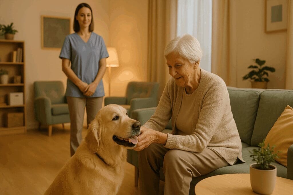 Elderly woman bonding with a therapy dog in a calm, dementia-friendly room at Brookside Assisted Living, with a caregiver observing supportively.

