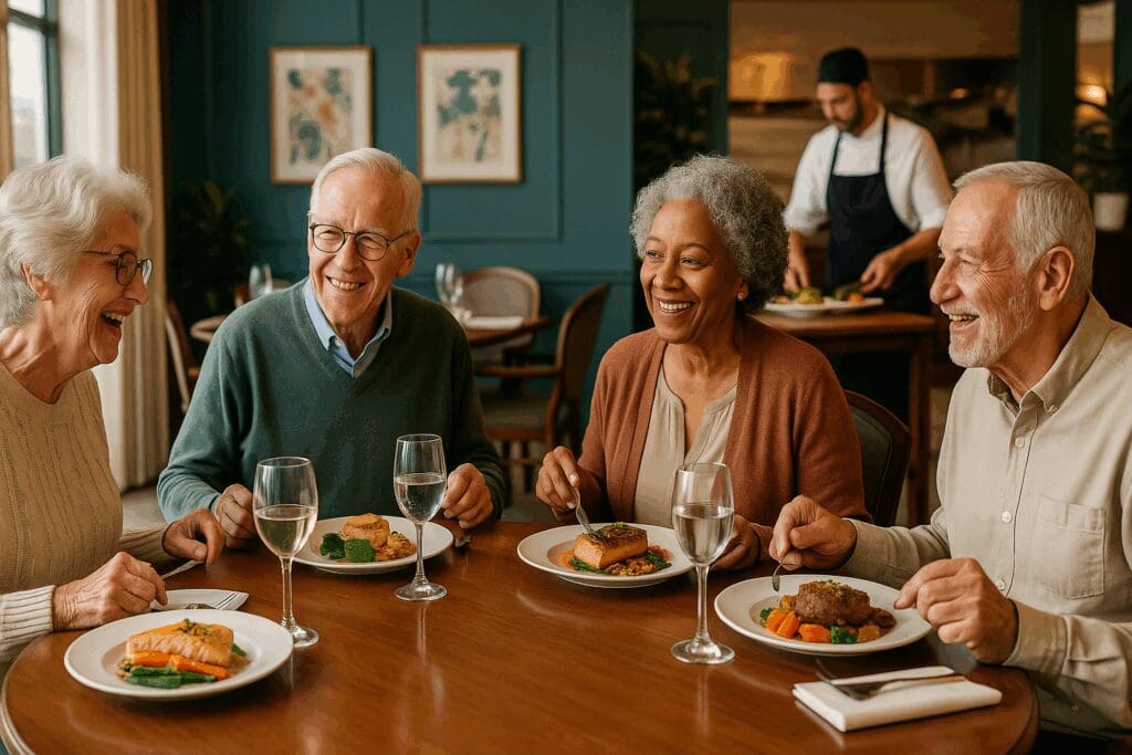 Residents at Brookside Assisted Living enjoy a chef-prepared meal together in a vibrant, restaurant-style dining room focused on wellness and social connection.

