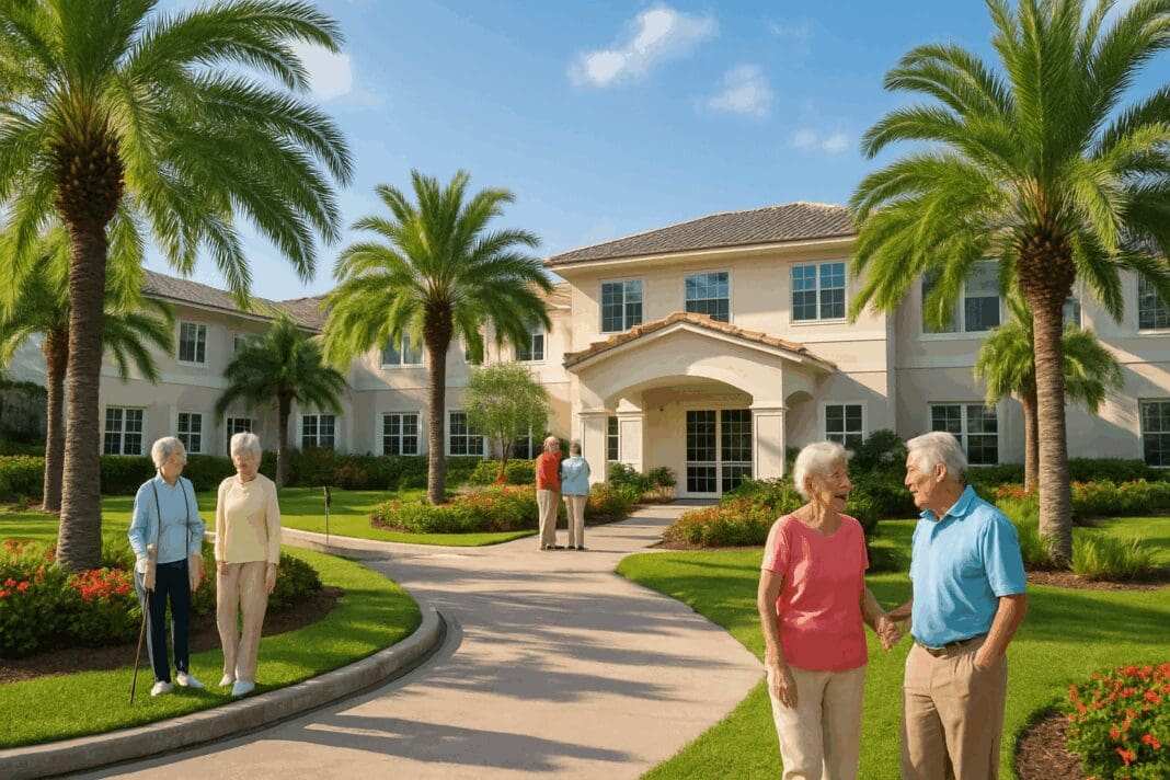 Cheerful seniors walking and chatting outside a Florida assisted living facility with palm trees and sunny skies, illustrating the lifestyle tied to the average cost of assisted living in Florida