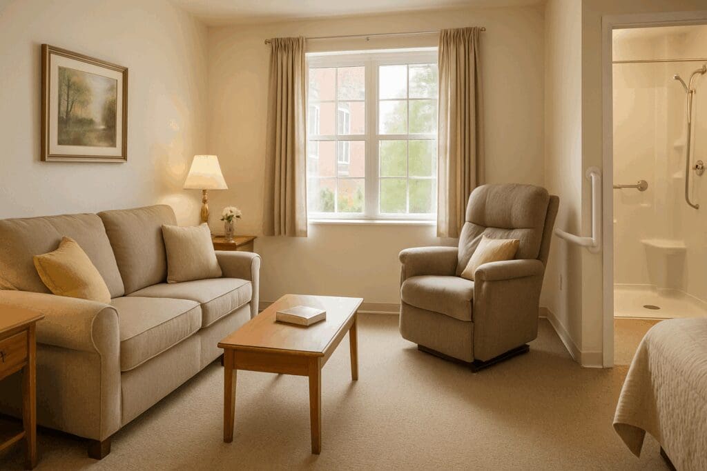 Cozy assisted living apartment with walk-in shower, handrails, and natural light—illustrating the average cost of assisted living in Florida.

