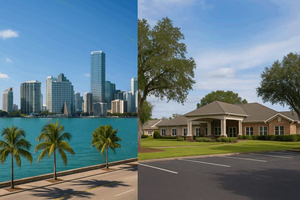 Split-screen visual comparing Miami’s luxury high-rises with small-town Florida assisted living to show average cost of assisted living in Florida.
