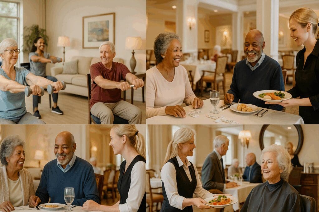 Seniors enjoying amenities like group fitness, salon care, social dining, and games in a luxury facility—illustrating the average cost of assisted living in Florida.

