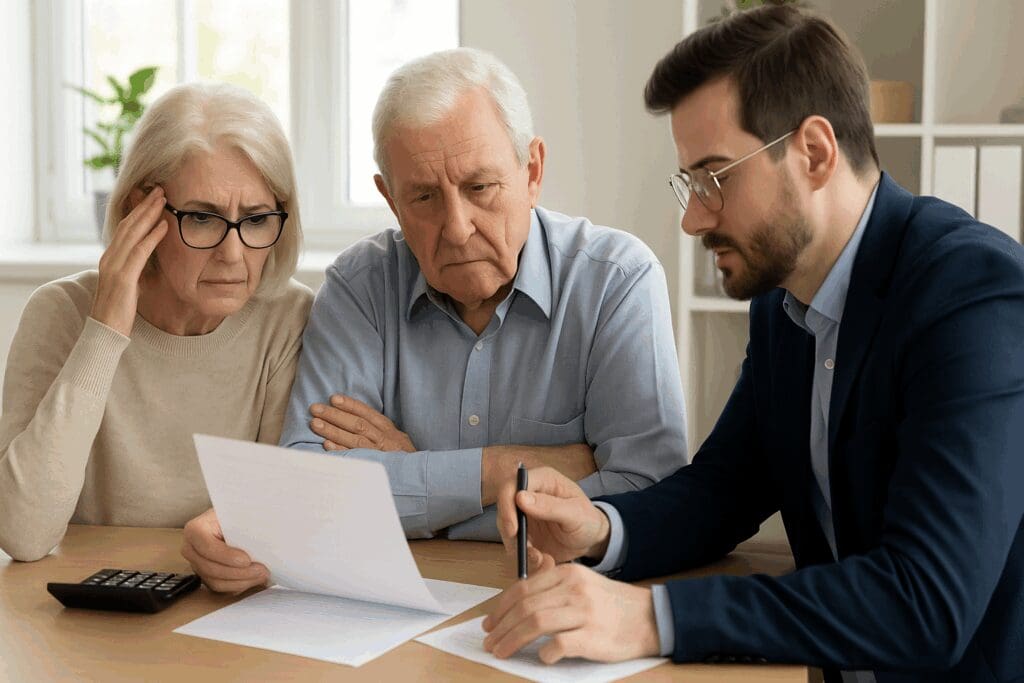 Senior couple reviewing financial documents with advisor, symbolizing concerns about the average cost of assisted living in Florida

