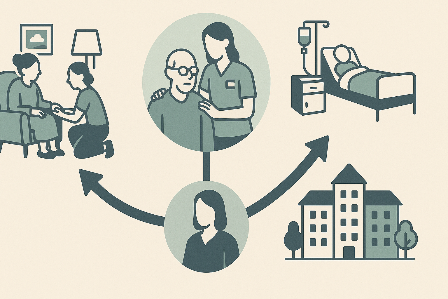 Infographic comparing average cost of assisted living in Florida to other care options using symbolic visuals of caregivers, hospital bed, and apartment homes.