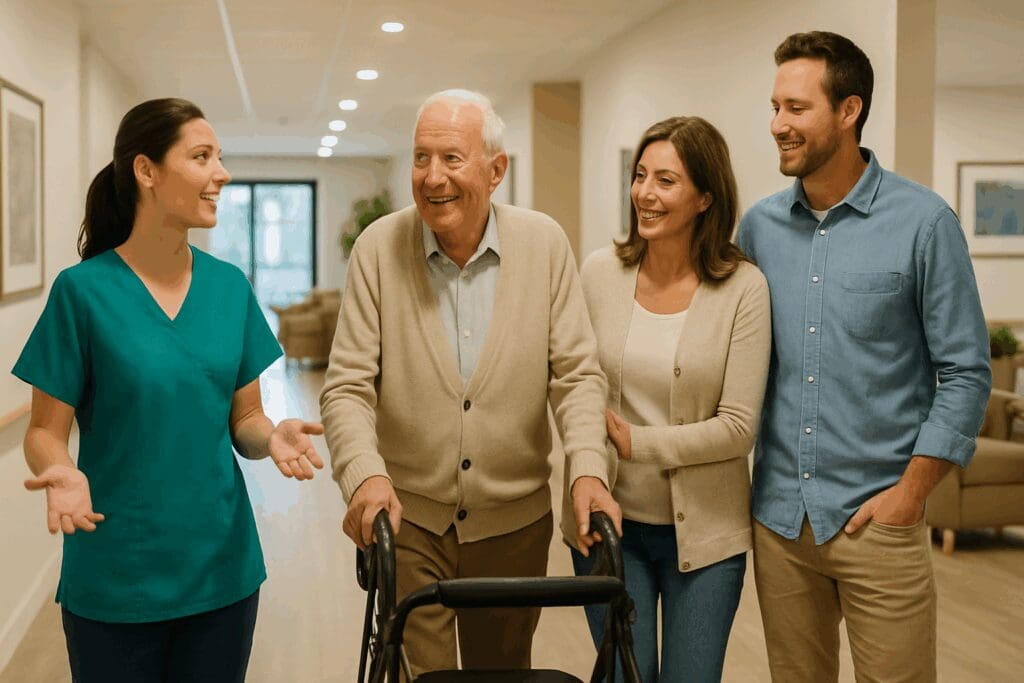 Staff member giving a cheerful tour of an assisted living facility to a senior and his family, illustrating the average cost of assisted living in Florida through modern care environments.

