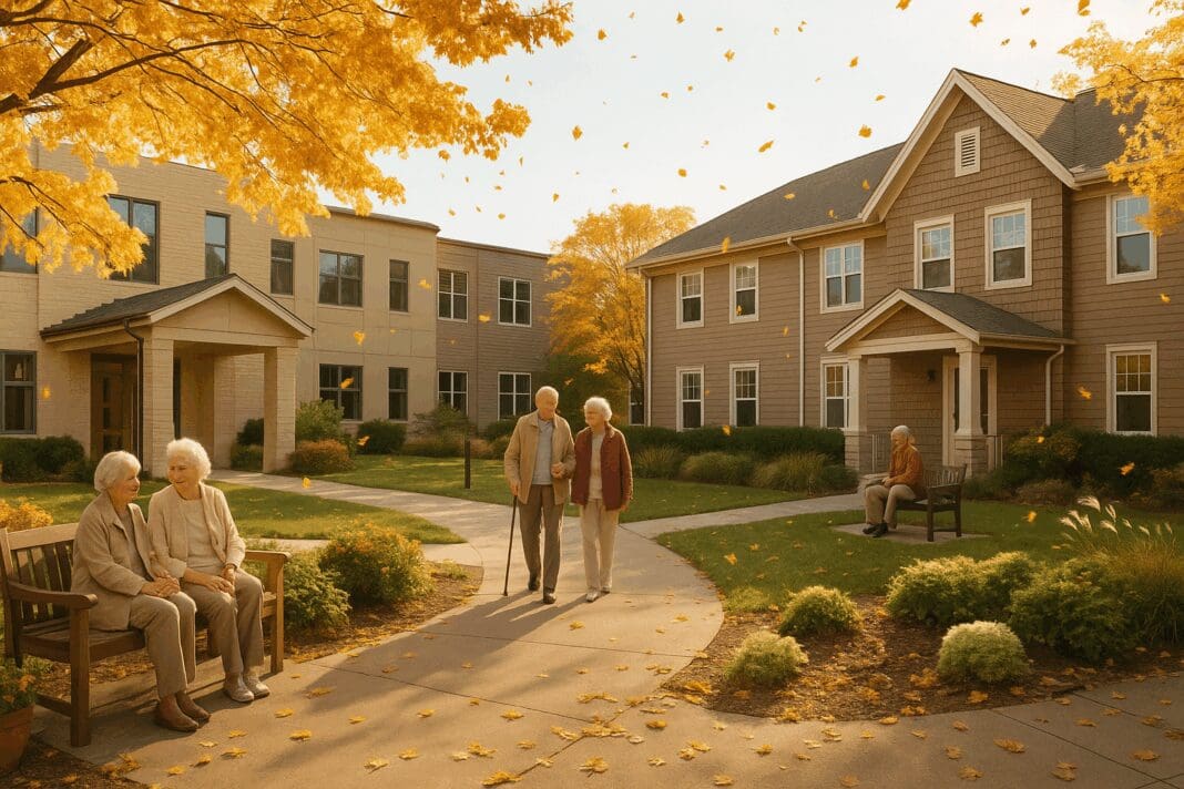 Courtyard of an assisted living community in Michigan during fall, with seniors enjoying the outdoors, representing the cost of assisted living in Michigan.