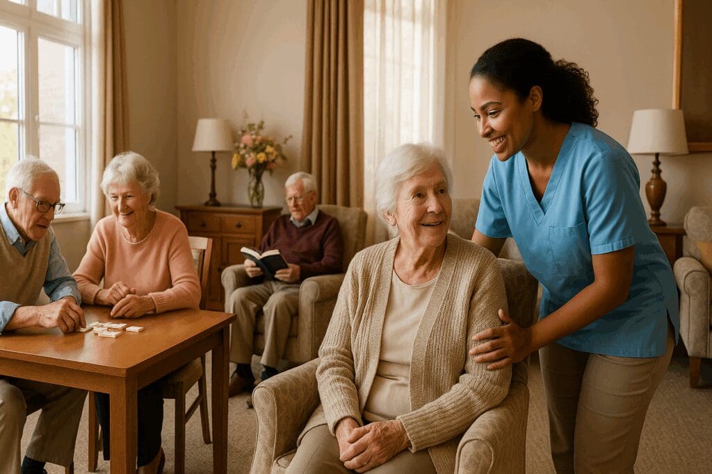 Seniors socializing and receiving care in a bright lounge at a Michigan assisted living facility, illustrating the cost of assisted living in Michigan

